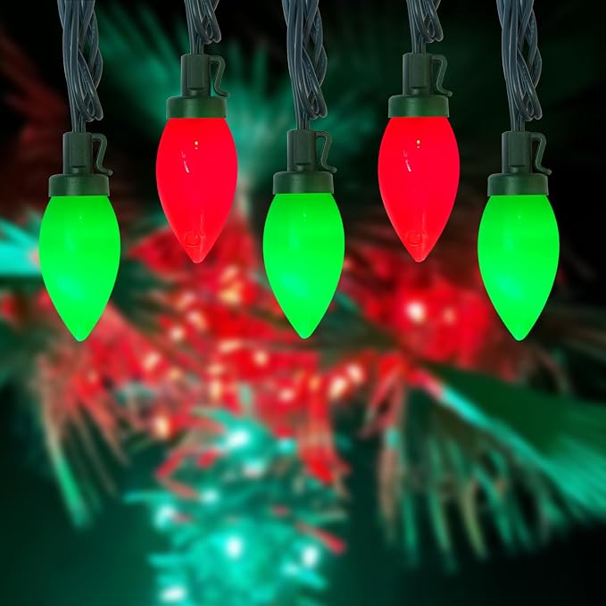 C9 Red and Green Chistmas Lights Outdoor, 25Ft Vintage Christmas Light 25 LED Red Green Bulb Lights Plug-in for Xmas Tree Party Christmas Valentines St. Patrick's Decor