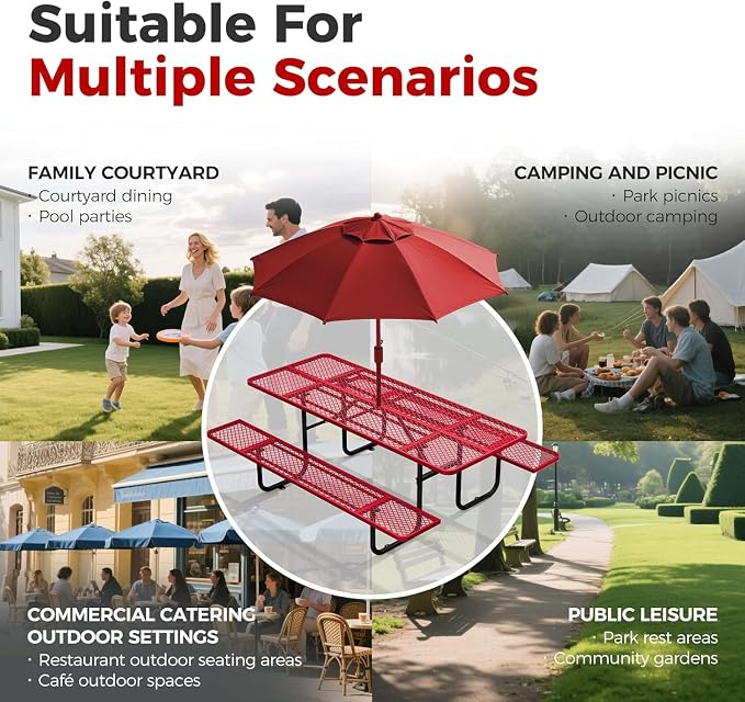 72" Coated Round Metal Picnic Table for 4-6 Person, Durable Heavy Duty Commercial Picnic Table with Umbrella Hole for Outdoor Coffee Shop, School, Easy to Install, Red