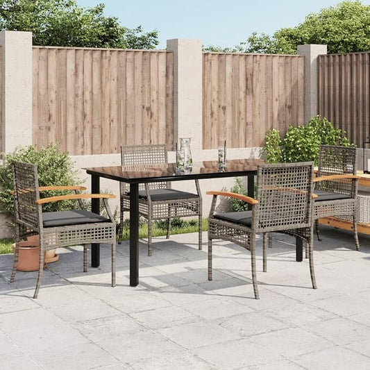 5 Piece Outdoor Patio Dining Set with Cushions Gray Poly Rattan, PE Wicker Dining Table and 4 Chairs with Padded Seats, Tempered Glass Top for Garden Backyard Poolside, UV-Proof Steel Frame