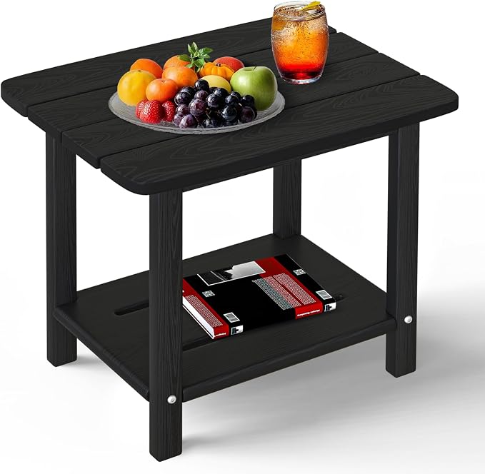 nevilywood HDPE Adirondack 2-Tier End Table Wood Texture- Weatherproof Outdoor Side Tables - Sturdy HDPE Material - Poolside, Patio,Lawn or Indoor & Black