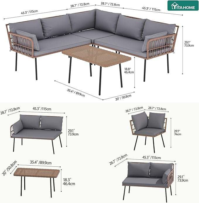 YITAHOME 4-Piece Wicker Patio Furniture Set, All Weather PE Rattan Conversation Set Sectional Sofa with Soft Cushions & Side Table, Porch Furniture for Deck, Balcony, Backyard - Gray