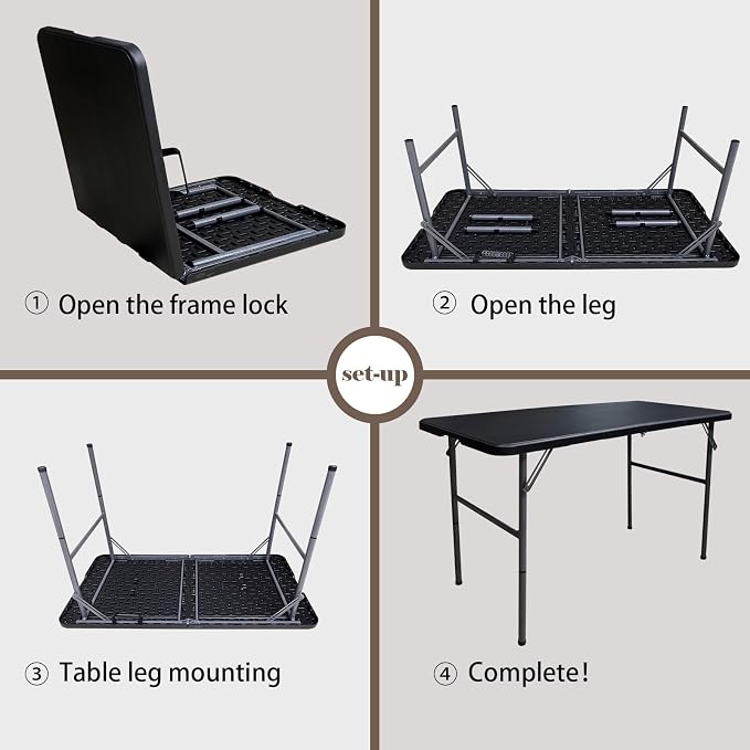 Folding Table 4 Foot Portable Folding Tables Heavy Duty Fold-in-Half Utility Table Small Indoor Outdoor Folding Square Card Table w/Handle for Picnic, Party, Camping (Black)