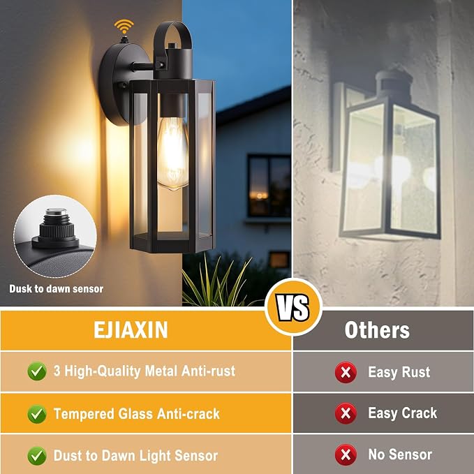 EJIAXIN Dusk to Dawn Outdoor Lighting Fixtures, 2 Pack Black Outdoor Lights | Waterproof Sconce Outside Lamp, Exterior Wall Sconce, Front Door Porch Wall Mount, Anti Rust Wall Lantern, for Garage Doorway