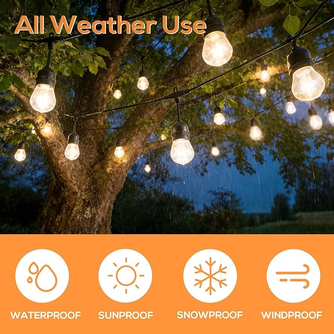 SUNTHIN 50FT Outdoor String Light with 16 1W LED Shatterproof Filament Bulb for Patio Lights, Backyard, Porch, Party Lights