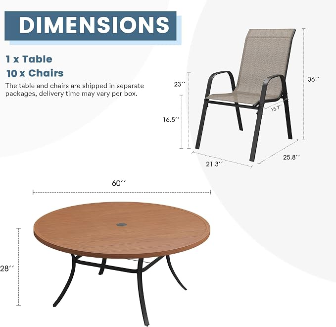 DIFY 11 Piece Outdoor Dining Set, 60" Walnut Round Metal Patio Table and Brown Textilene Stackable Chairs for 10, All Weather Patio Furniture Set with Umbrella Hole for Backyard Garden Deck