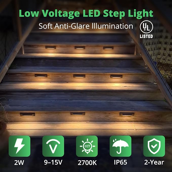 6-Pack Low Voltage 9-15V AC/DC LED Linear Step Lights, 2W Landscape Cutoff Stair Riser Light, Outdoor Waterproof Accent Lighting Fixtures, Die-cast Aluminum with Black Powder Coated Finish