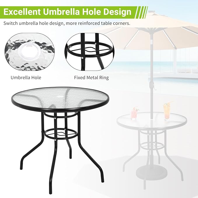 Outdoor Dining Bistro Table 32”Tempered Glass Patio Table, Round Patio Table with Umbrella Hole for Outdoor Dining Bars Garden Lawn Balcony Yard