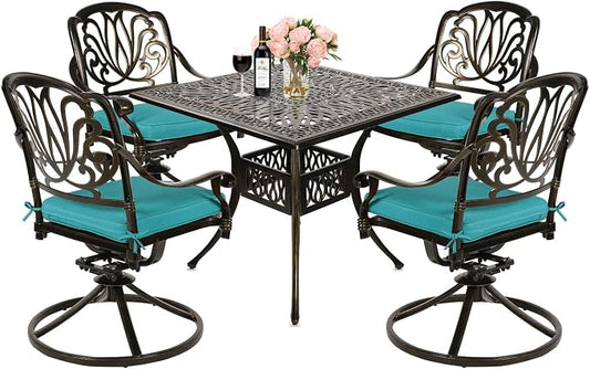 MEETWARM 5-Piece Outdoor Patio Dining Set, All-Weather Cast Aluminum Patio Conversation Set for Backyard Garden Deck with 4 Cushions Swivel Rocker Chairs and 35.4" Square Table, Ocean Blue