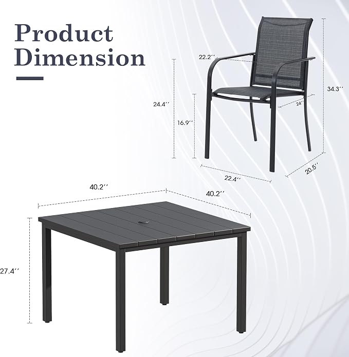 Patio Table and Chairs Set for 4, Outdoor Dining Set with 4 Stackable Dining Chairs and 40.2" x 40.2" Patio Square Dining Table for Backyard, Deck, Lawn, Garden, Grey & Black