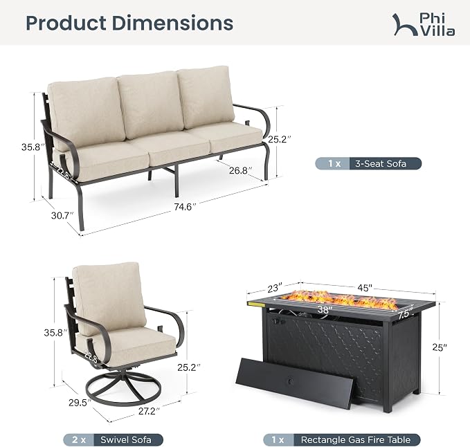 PHI VILLA Patio Furniture Set, 3-Seater Sofa, 2 Swivel Chairs and a 45" Fire Pit Table, Outdoor Metal Conversation Set with 5.75" Extra Thick Cushion for Garden Backyard Deck, Beige