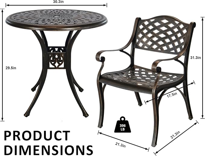 5 Piece Patio Dining Set, All Weather Cast Aluminum Outdoor Dining Table and Chairs Set of 4, Patio Furniture Conversation Set with 4 Chairs and 30.31" Round Table, 2.36" Umbrella Hole