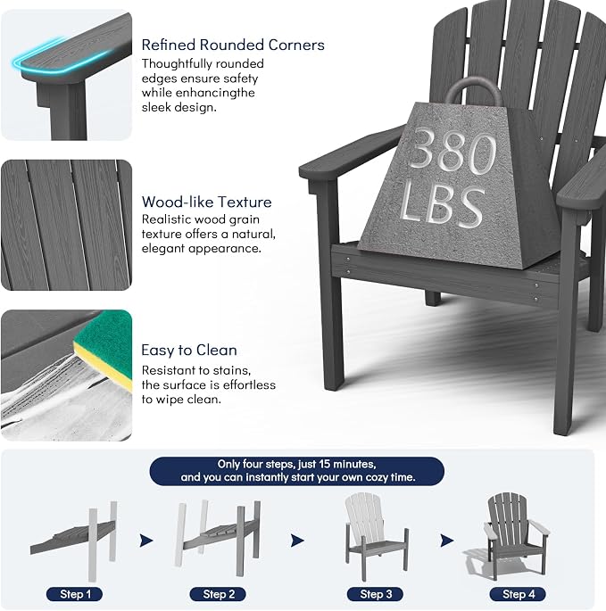 nevilywood Compact Stackable Adirondack Chairs,All Weather HDPE,380lb,Grey | 26.3" Wide HDPE.All-Weather Outdoor.Maintenance-Free.Stackable for Storage.25°Curved Straight Backrest.Quick Assembly