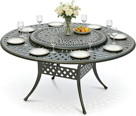 MEETWARM Outdoor 61" Round Patio Dining Table with Detachable Lazy Susan, All Weather Cast Aluminum Large Patio Furniture Table Set for 8 Seat with 35.4" Rotating Tray, Umbrella Hole, Dark Bronze