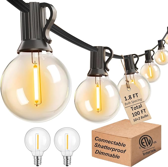 Outdoor String Lights 100FT Wateproof Outside Patio Lighting for Backyard | 52 Plastic Dimmable G40 Globe Bulbs,100FT Connectable Outdoor Lights for Porch Bistro Garden Gazebo Balcony Yard Cafe Wedding