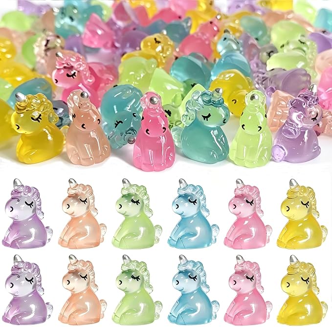 Mini Resin Unicorn Figures to Hide, 72 PCS Tiny Plastic Unicorns Small Little Resin Animal Figurines Miniature Festival Rave Trinkets Bulk Glow in the Dark for Micro Fairy Garden Aquarium Decor