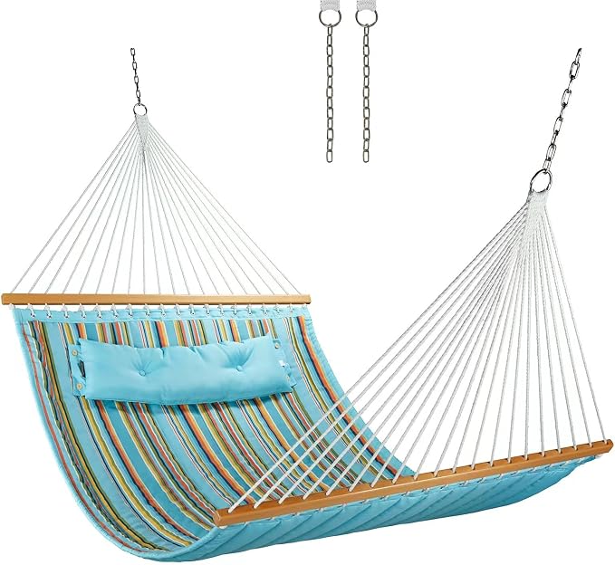 CHULIM 12 FT Double Quilted Fabric Hammock with Spreader Bars and Pillow 450 LBS Weight Capacity 2 Person Hammock for Outdoor Patio Backyard Poolside Blue Stripes