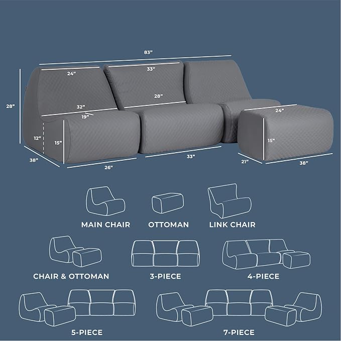 Big Joe Solvana Outdoor Sectional, 4 Piece Patio Furniture Set, Weather-Resistant Cool Touch Silicone Stitched Leather Sofa, Moonlit Gray