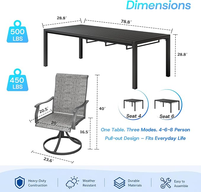bigget Expandable 8 Person Outdoor Dining Table Set, 9 Piece Outdoor Dining Set with Comfy Highback Swivel Chairs 450LBS, All-Weather Heavy Duty Powder-Coated 8 Seats Dining Set for Outside, Grey