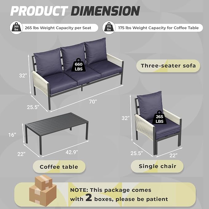 U-MAX Aluminum Patio Furniture Set 5 Seats Outdoor Sectional Couch with Coffee Central Table Patio Conversation Sets for Porch Deck (Dark Blue, with Retractable Single Sofa)