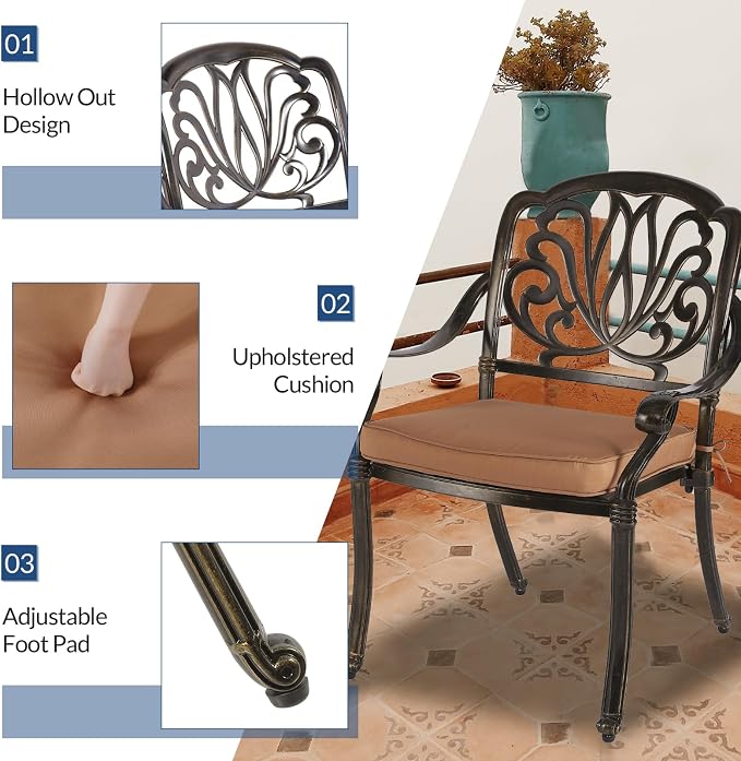 5-Piece Outdoor Patio Dining Set, All-Weather Cast Aluminum Patio Table Set, Include 4 Cushioned Chairs and a 35.4 inch Square Table w/Umbrella Hole for Balcony Garden Backyard, Khaki