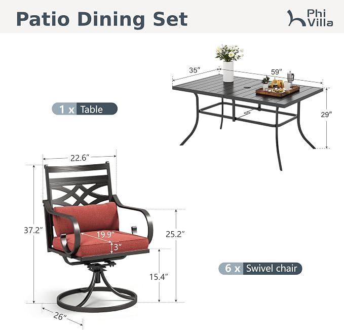 PHI VILLA Patio Dining Set, Swivel Chairs, Metal Table | Metal chairs, Red Cushion, Umbrella Hole, Cushions, E-coated