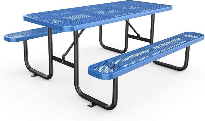 KEIKI 72" Heavy-Duty Metal Picnic Table with Benches, Commercial Outdoor Steel Table with 2.12" Umbrella Hole, 2.5mm Mesh Top, Rust-Resistant Coating, Patio Backyard Park Dining Furniture, Blue