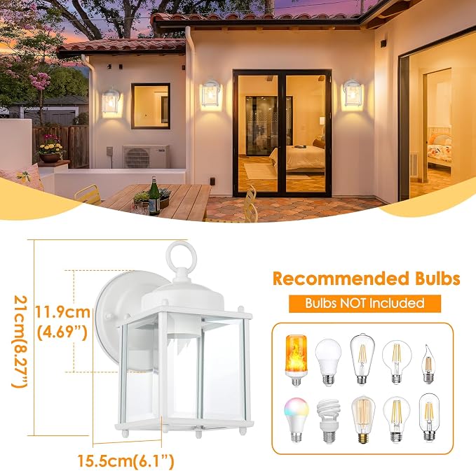 MATAMEYE Outdoor Wall Lantern, Exterior White Waterproof Wall Sconce Lighting Fixtures, Front Door Wall Lights with Clear Beveled Glass Shade, 2 Pack