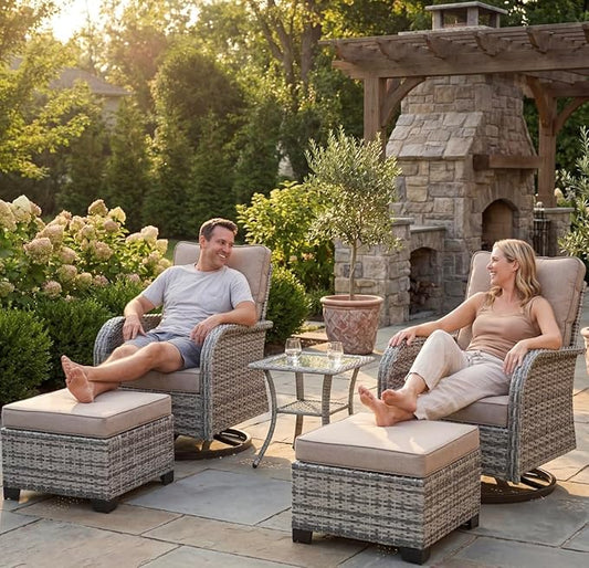 Outdoor Patio Furniture Set Patio Rocking Swivel Chair with Tempered Glass Side Table, Outdoor Wicker Rattan Bistro Set with Ottomans for Garden, Deck, and Balcony, Beige