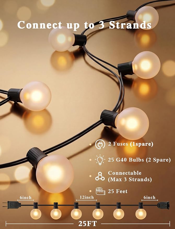 Abeja 25FT Outdoor String Lights, G40 Globe Patio String Lights with 27 Frosted White Globe Bulbs, Waterproof Connectable Hanging Lights for Outside Backyard Porch Umbrella Bistro Decor, Black Wire