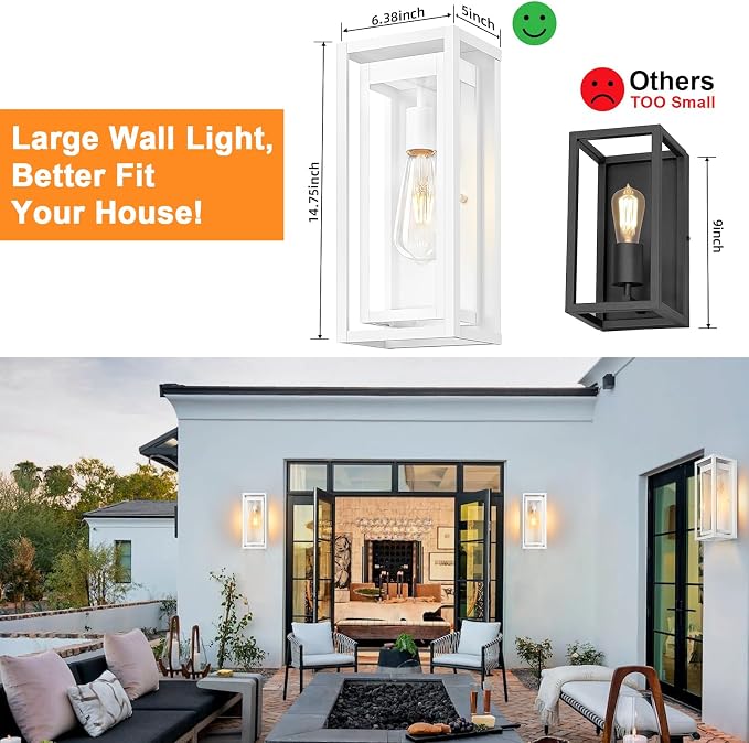 15" Large Outdoor Light Fixture Wall Mount, White Outdoor Sconce Lights, Modern Waterproof Exterior Porch Lights with Clear Glass Shade for Front Door, Garage, 1 Pack