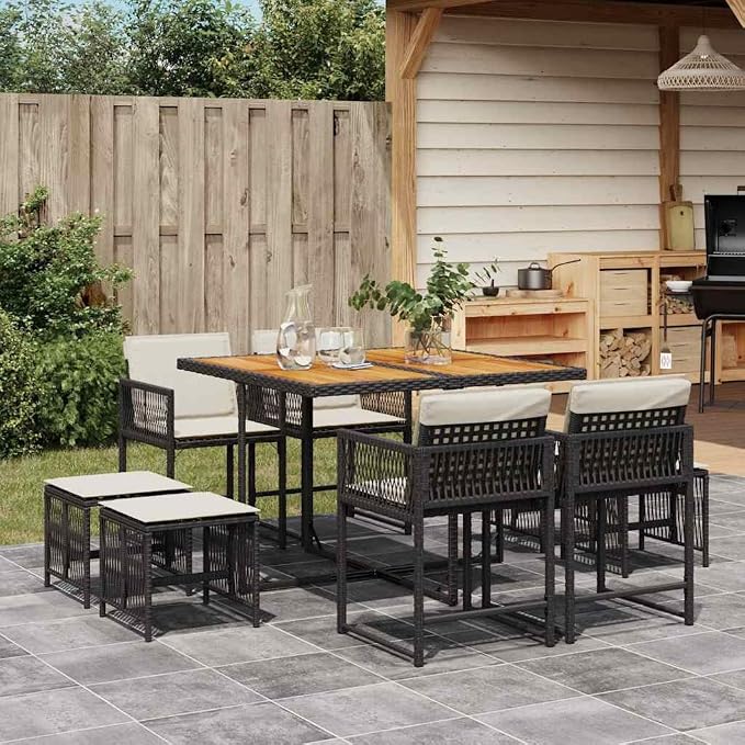 9 Piece Garden Dining Set, Black PE Rattan Patio Furniture with Folding Table and Chairs, Outdoor Dining Chairs with Weather Resistant Cushions for Backyard, Deck, and Garden