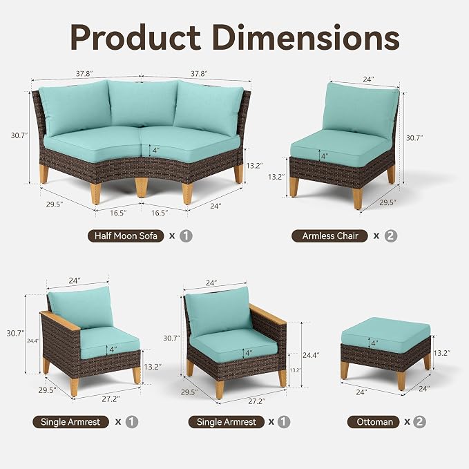 GREEN PARTY 8 Pieces Wicker Patio Furniture Set, All-Weather Outdoor Rattan Half-Moon Curved Patio Sectional Sofa Conversation Set 8 Seats with 4" Thick Cushions for Backyard, 2 x Ottomans (Blue)