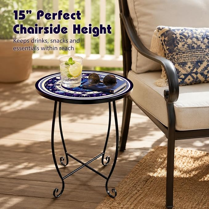 15 Inch Tall Patio Side Table, Small Patio Table for Outdoor Deck Porch Poolside, Ocean Wave Metal End Table, Rust Resistant Garden Stool Matches Mosaic Outdoor Side Table Decor