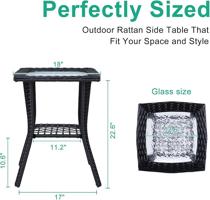 VINGLI Outdoor Side Table with Storage Wicker Patio Side Table, Tempered Glass Top End Table for Balcony Porch Deck (Black)