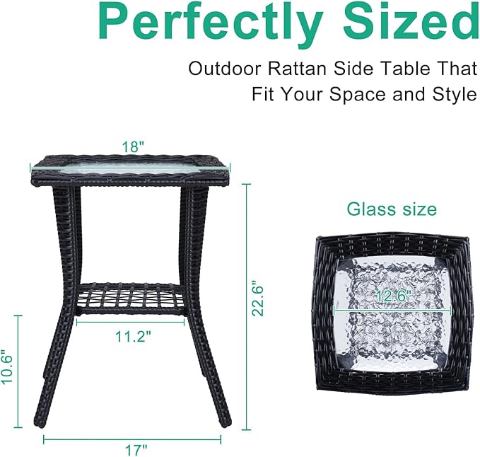 Black Outdoor Wicker Side Table | 2 Tier Rattan End Table with Tempered Glass Top | Space-Saving Bistro Table for Patio, Porch, Balcony, Living Room Balcony Space Saver Small Outdoor Tables