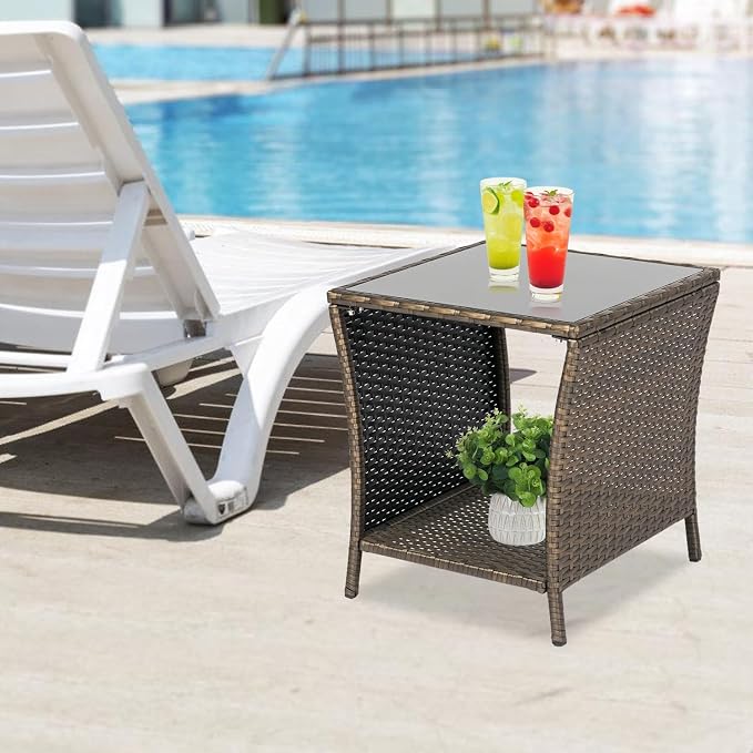 Kinfant Outdoor Wicker Side Table - Patio Square End Table with Steel Frame, Garden Coffee Table with Tempered Glass Top & Extra Storage Shelf for Pool, Lawn, Backyard, Dark Brown, RTET506-F