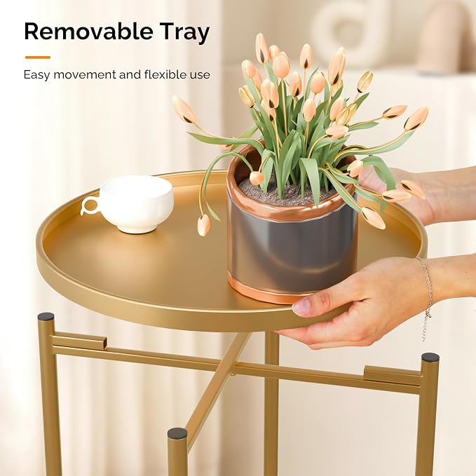 VINGLI Round Metal Side Table with Removable Tray, Outdoor Patio Coffee Table, Waterproof End Table for Small Spaces, Outdoor Patio, Living Room, Bedroom, Balcony (X-Brace & Non-Slip Pads) (1, Gold)