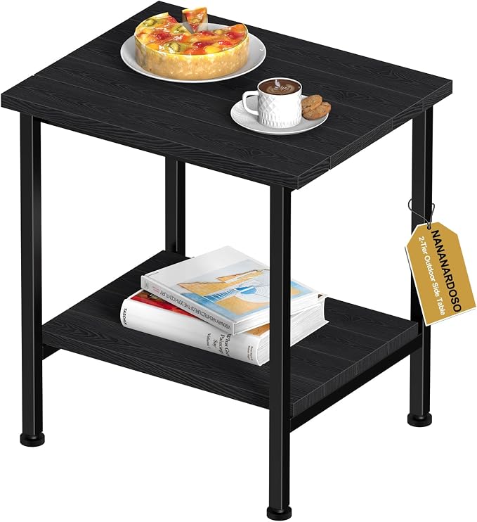 NANANARDOSO 2 Tier Outdoor Side Table with Storage, Adirondack Square Weatherproof End Table for Patio, Garden, Backyard, Porch, Deck, Balcony, Poolside-Black