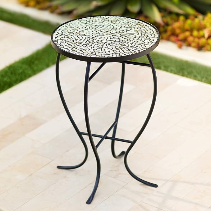 Teal Island Designs Zaltana Modern Black Metal Round Outdoor Accent Side Tables 14" Wide Set of 2 Set of 2 Free-Form Mosaic Tile Tabletop Gracefully Curved Legs for Spaces Porch Patio Home Hous