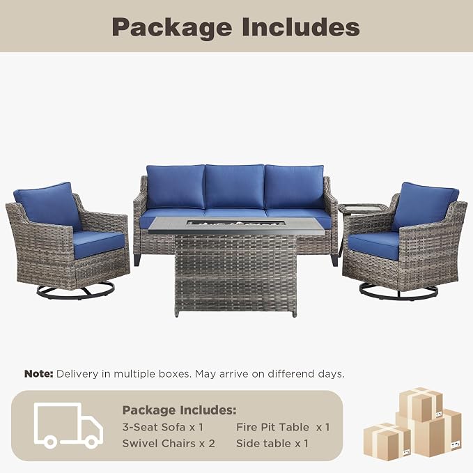 Belord Patio Wicker Swivel Rocker Patio Chairs with 3-Seater Sofa,Outdoor Furniture Set for Deck Porch Garden, 5 Piece Patio Conversation Furniture Set,Blue