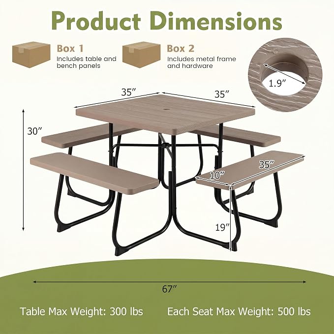 GYMAX Picnic Table Bench with Umbrella Hole, 8 Person Square Outdoor Picnic Table with Metal Frame & HDPE Tabletop, Camping Table for BBQ Yard Patio, 2300LBS Capacity (Coffee)
