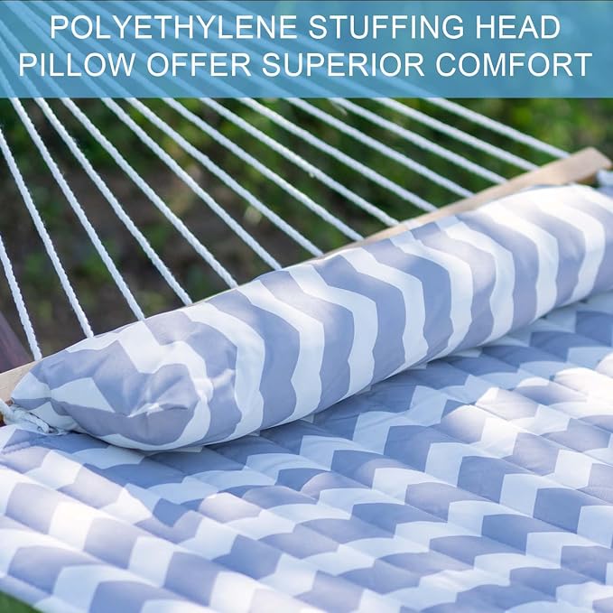 Lazy Daze 12 FT Quilted Hammock with Spreader Bar, 2-Person Double Hammock for Outside Patio Poolside Backyard Beach, 450 lbs Capacity, Gray Wave