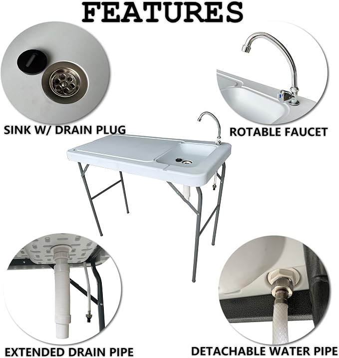Fish Cleaning Table with Sink: Portable Folding Camping Table - Outdoor Washing Station with Faucet -Fish Fillet Table for Camping Picnic Gardening