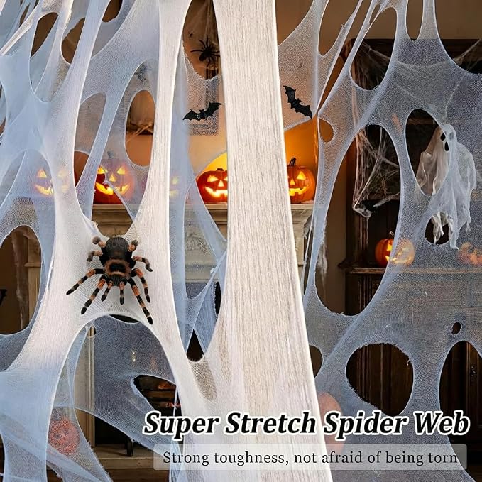 2000 Sqft （After Streched with Holes） Uncut Giant Spider Web Halloween Decorations Outdoor with 10 Ground Nails Stretchy Beef Cloth Netting Cut-Your-Own Flexible Elastic for Yard Party Decor