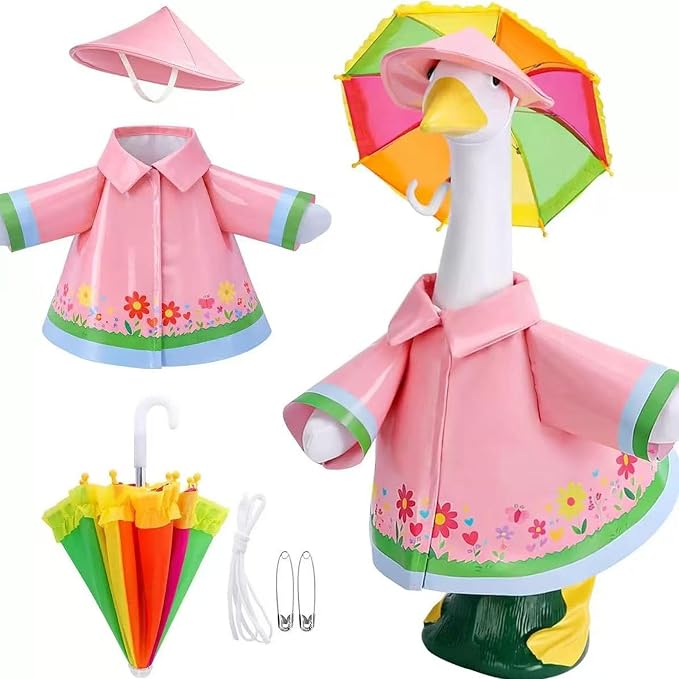 23 Inch Porch Goose Outfit, Raincoat Outfit with Umbrella Hat for Porch Goose Statue, Spring Summer Yard Decor,Yard Goose Outfit