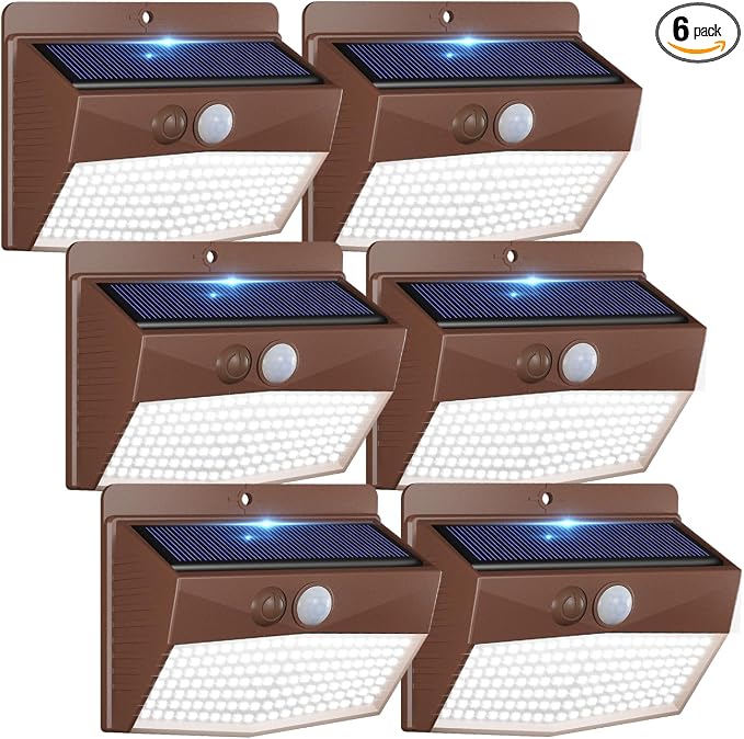 6 Packs Solar Outdoor Lights Motion Sensor Solar Security Lights Waterproof with 3 Lighting Modes Solar Powered Wall Lights Outside for Garden Fence Yard Deck, Brown