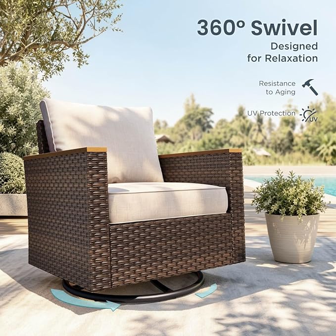 PHI VILLA Wicker Patio Furniture Set with Swivel Chairs, Rattan Sectional Outdoor Couch with Deep Seating for Poolside, Backyard, 2 x Swivel Patio Sofa, Beige Color