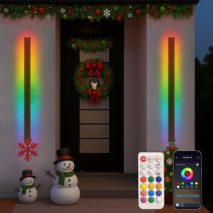 Modern Outdoor RGB Wall Lights, 2 Pack 47 Inch RGB Dimmable Long wall Light, Ip65 Waterproof Black Linear Exterior Wall Sconce with Remote and APP Control for House, Garage, Porch