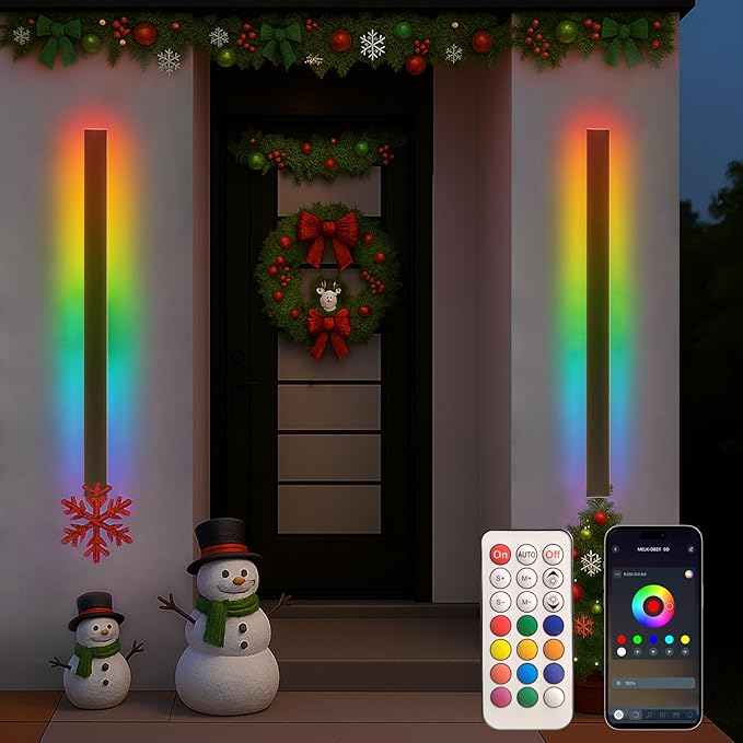 Modern Outdoor RGB Wall Lights, 2 Pack 71 Inch RGB Warm White Dimmable Exterior Wall Sconce, Ip65 Waterproof Black Linear Long Wall Light with Remote and APP Control for House, Garage, Front Door