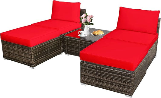 Tangkula 5 Piece Wicker Lounge Chair Set, with Tempered Glass Coffee Table, Outdoor Conversation Sets w/Washable Zippered Cushions, Includes 2 Armless Sofas, 2 Ottomans and 1 Side Table (Red)